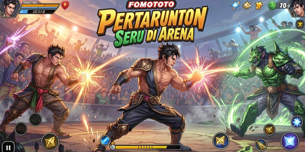 Screenshot utama FOMOTOTO menampilkan aksi pertarungan yang intens.