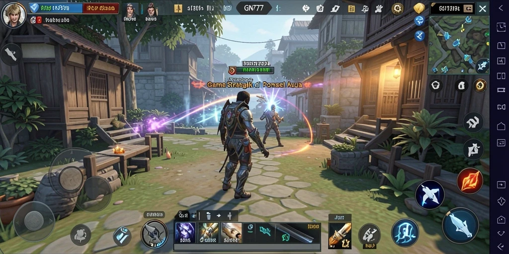 Screenshot gameplay GN777 menampilkan aksi pertempuran dan pembangunan strategis.