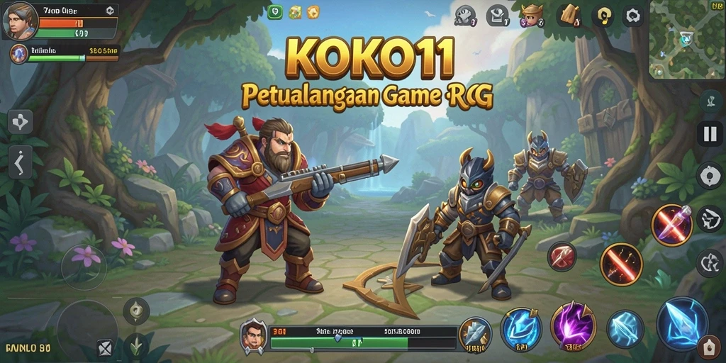 Screenshot utama KOKO11 menampilkan karakter utama sedang bertarung di dunia fantasi.