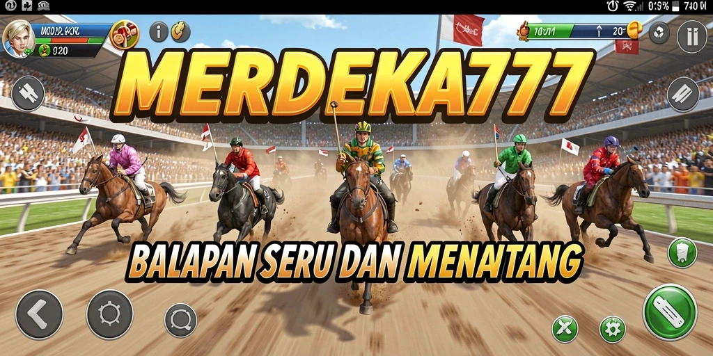 Tangkapan layar utama gameplay balapan MERDEKA777 dengan mobil-mobil yang beraksi.