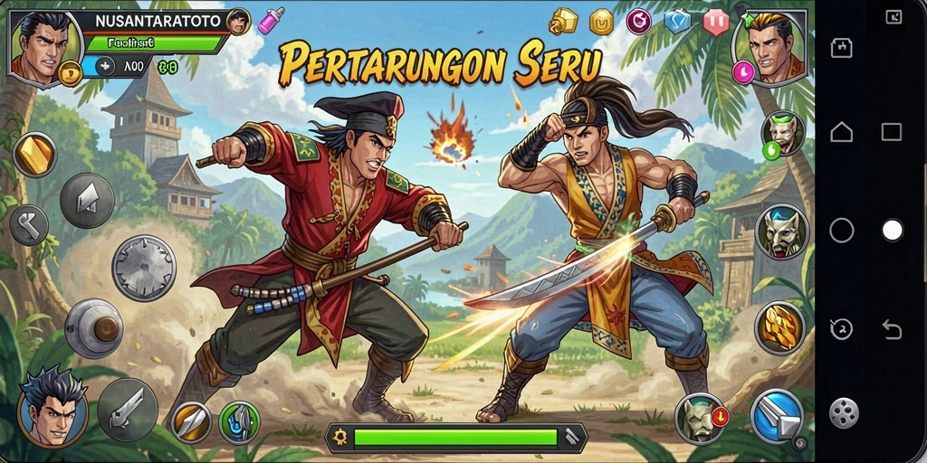 Tangkapan layar gameplay seru NUSANTARATOTO dengan karakter bertarung.