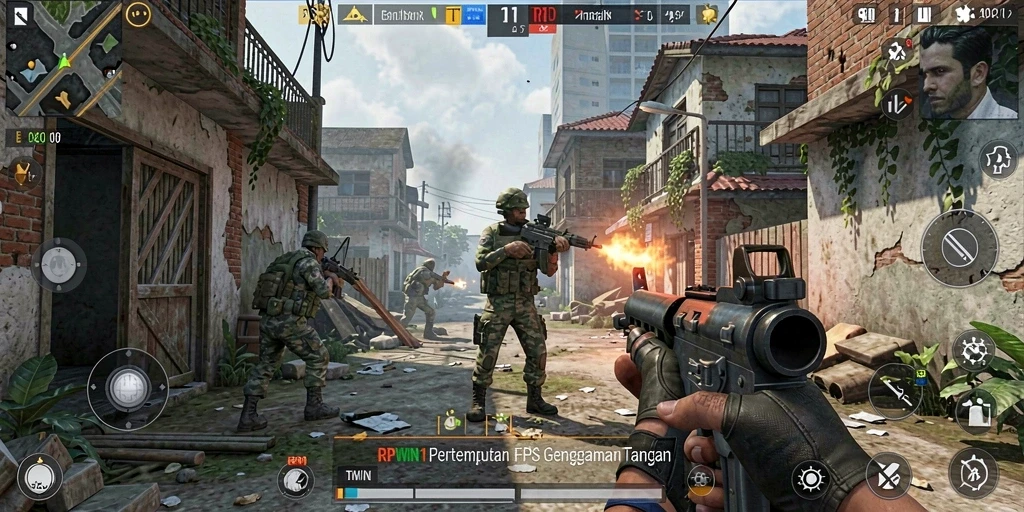 Screenshot gameplay RPWIN1 menampilkan aksi seru di medan perang FPS.