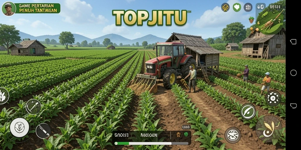 Gambar gameplay TOPJITU yang menunjukkan lahan pertanian yang subur.